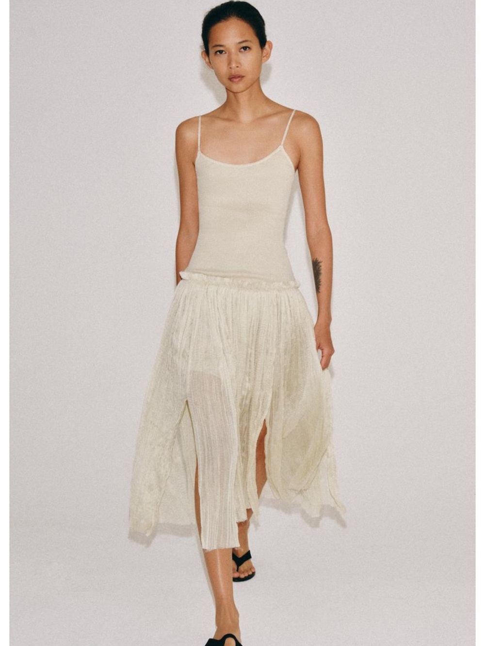 Zara Cream Midi Slip Dress with Sheer Pleated Skirt